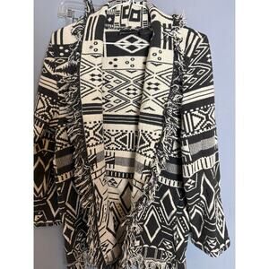 Black Cream Aztec Fringe Open Front Cardigan Women’s Size L Boho Southwestern